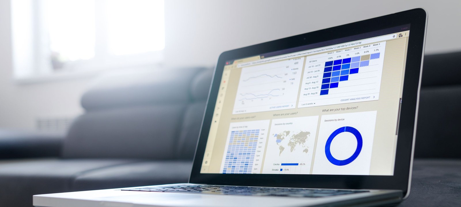 Laptop showing a business analytics dashboard on a clean desk